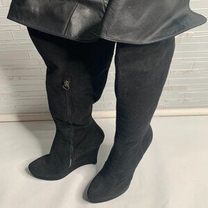 AF Vandevorst Black Suede Wedge Knee Boots W Leather Collar and  Inside Zipper